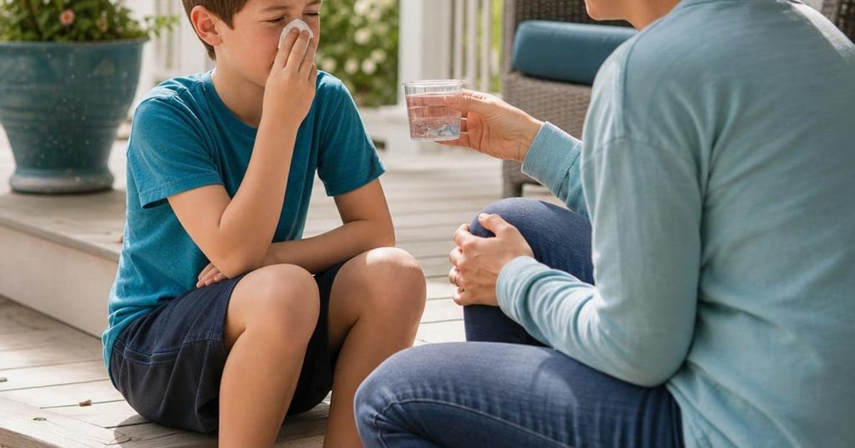 Boy with spring allergies sitting on a porch while his mother hands him a cup of water