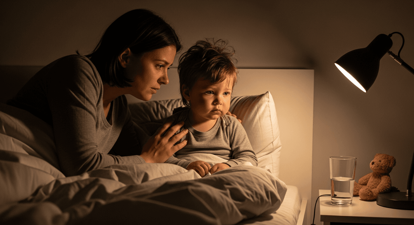 Parent comforting a toddler sitting up in bed at night
