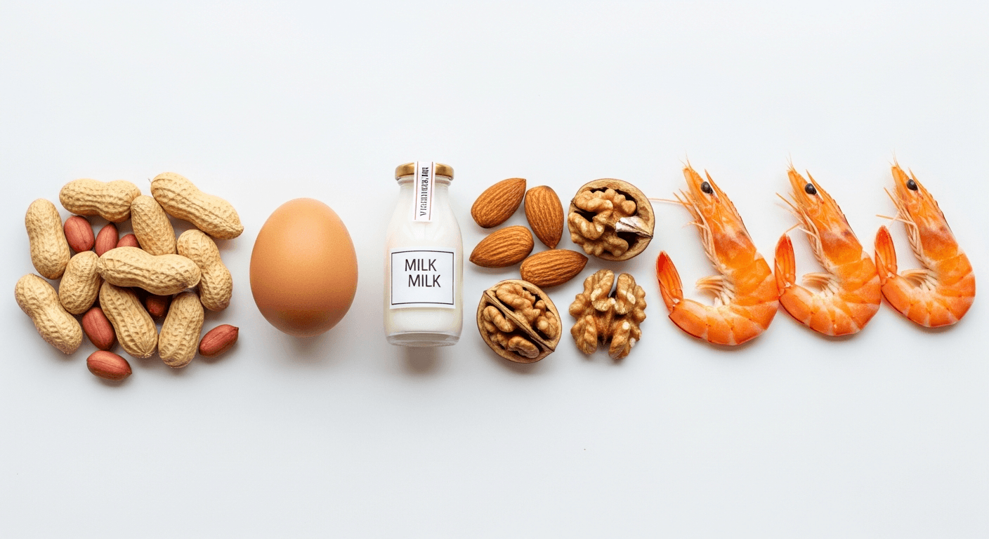 Common allergenic foods including peanuts, eggs, milk, and tree nuts arranged on a white surface