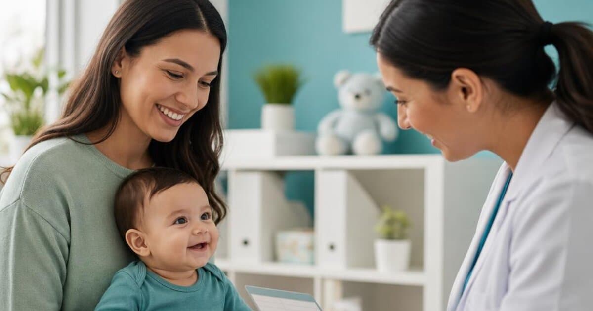 Smiling parent holding a baby while talking with a pediatrician in a bright exam room