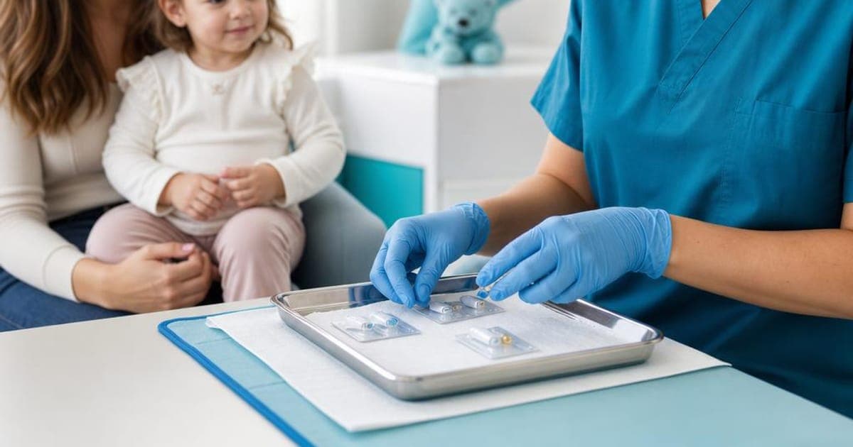 Pediatric nurse in gloves preparing a sterile tray of sealed earring cartridges while a parent holds a toddler