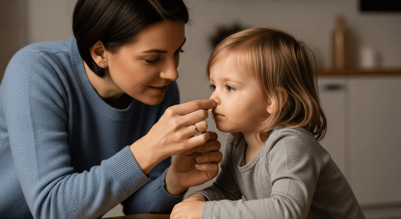 Parent calmly helping a child manage a nosebleed indoors