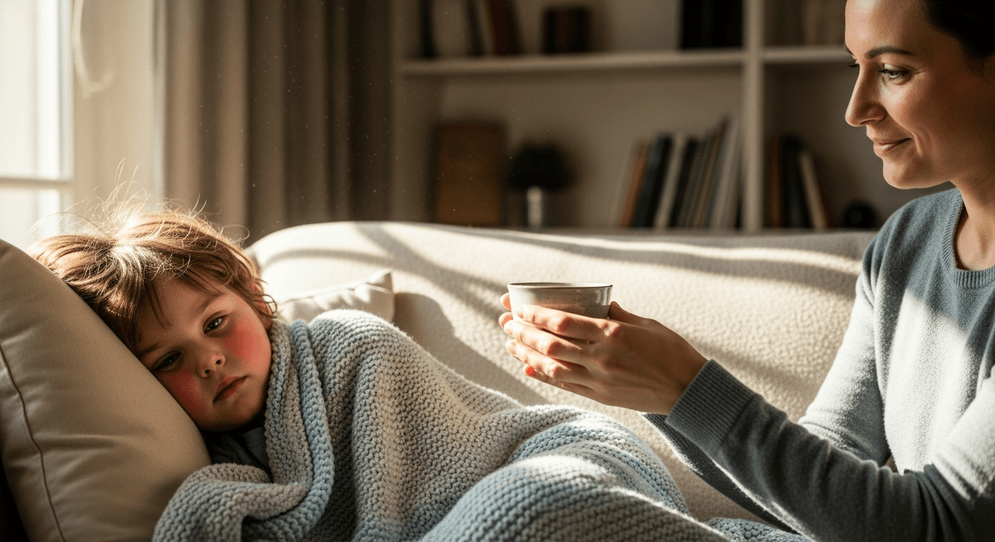 Child resting on couch under a blanket while parent offers fluids