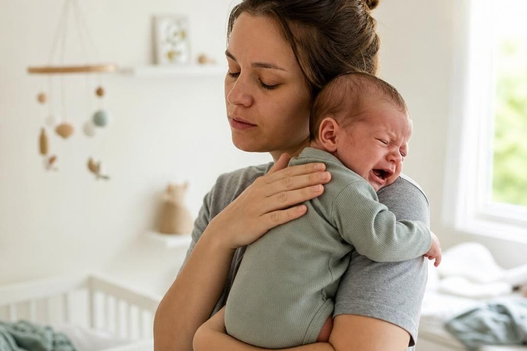 Exhausted parent holding and soothing a crying newborn baby