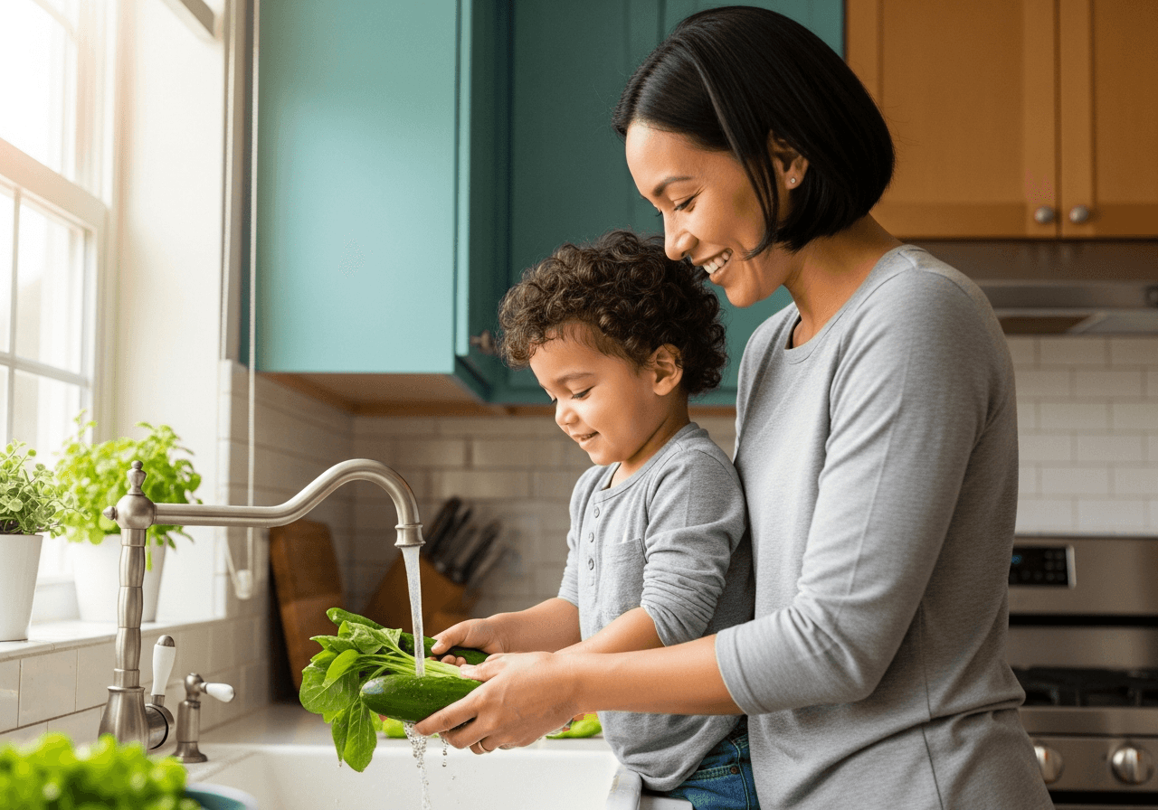 Parent and child washing fresh vegetables together at a kitchen sink, food safety awareness