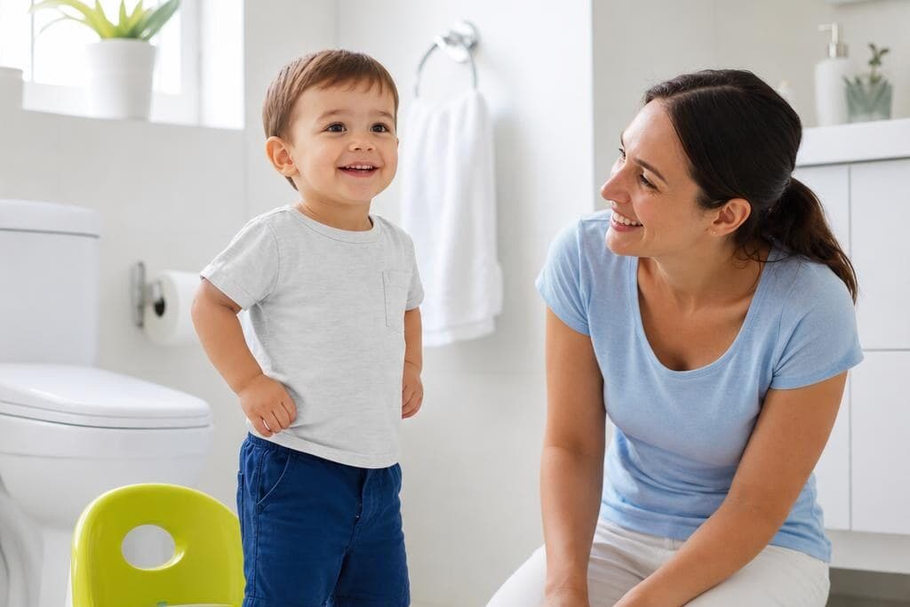 Toddler sitting on a colorful potty chair learning to use the toilet