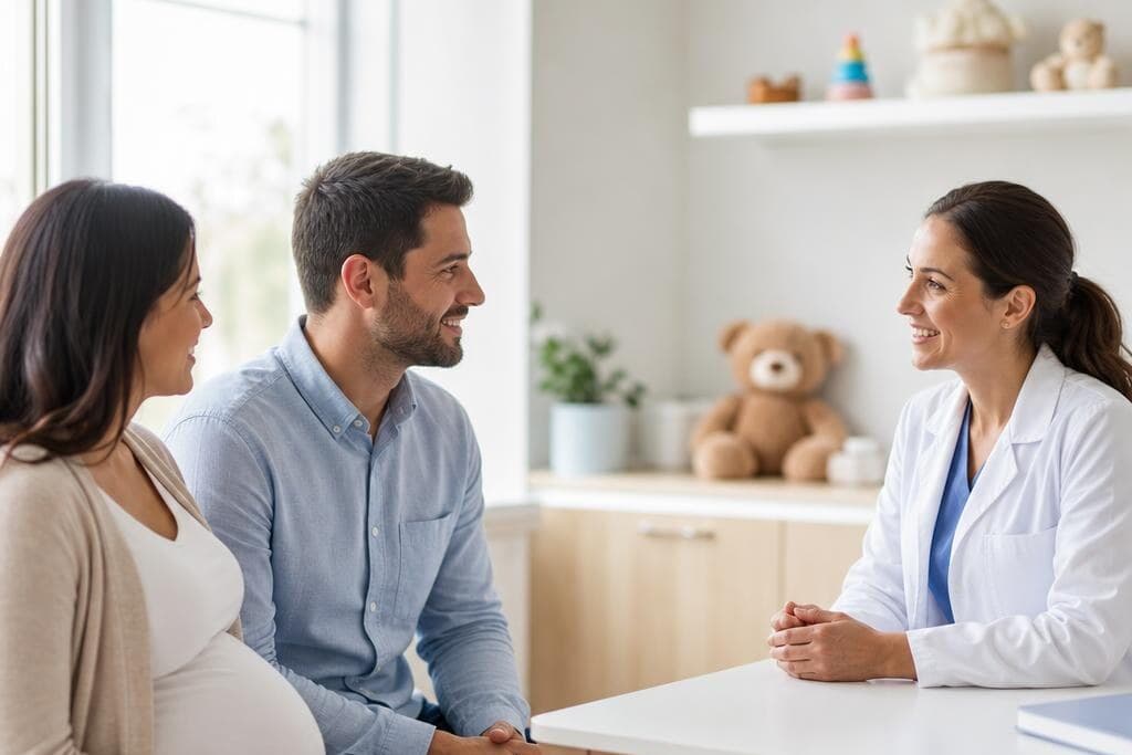 Expecting parents meeting with a pediatrician during a prenatal consultation
