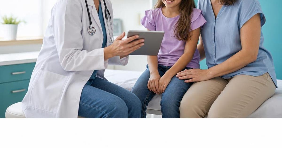 Pediatrician reviewing results on a tablet with a parent and a young girl in an exam room