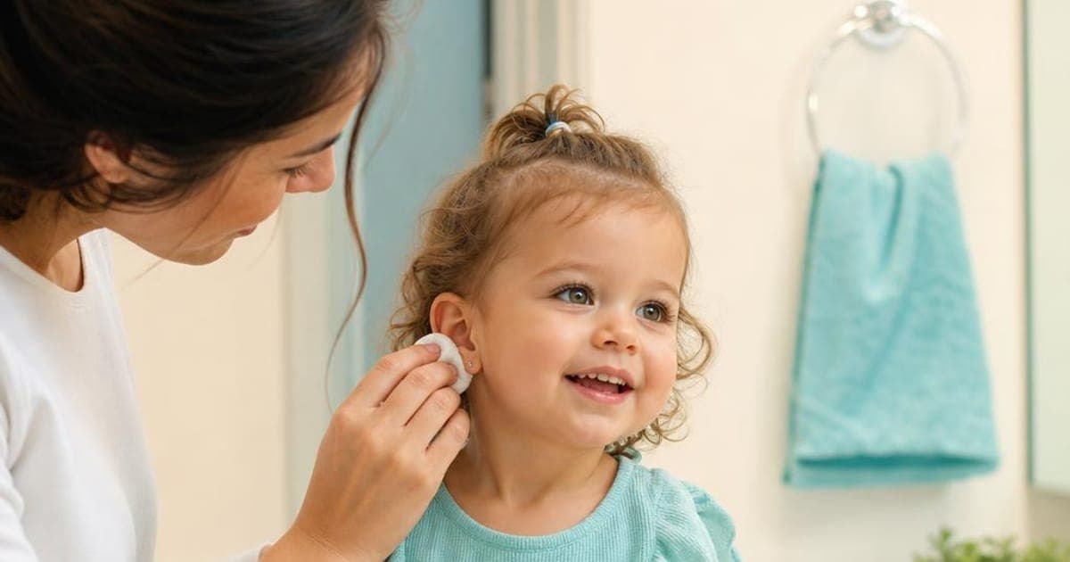 Parent gently cleaning a smiling toddler's pierced earlobe with a cotton pad at home