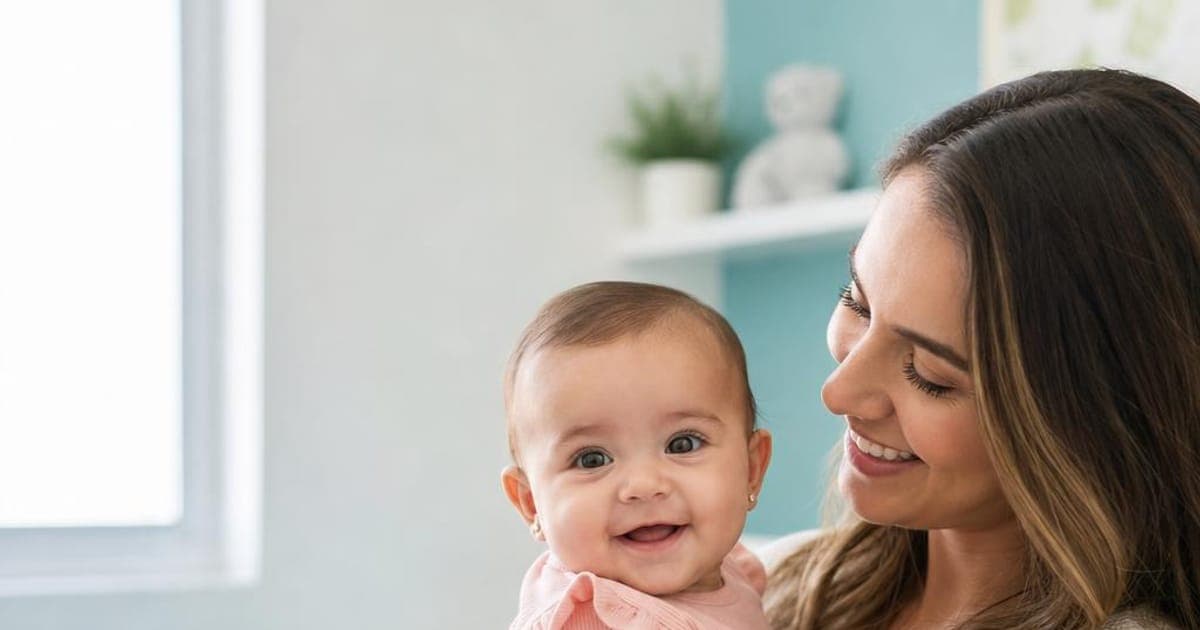 Smiling mother holding her baby, who wears small stud earrings, in a bright pediatric exam room