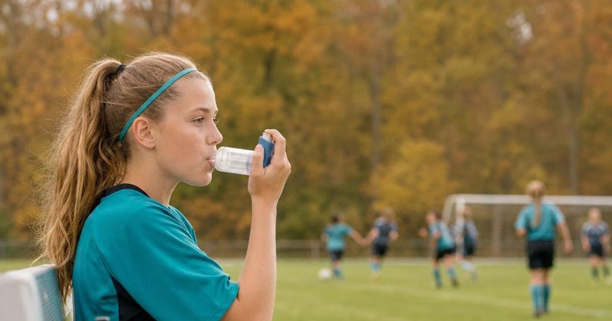 Young soccer player using an inhaler on the sideline while teammates play in the background