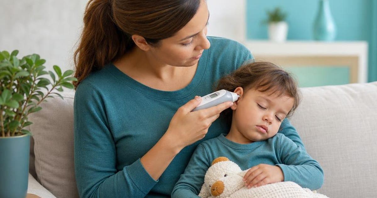 Parent checking a sleepy toddler's temperature on the couch with a dosing cup on the side table