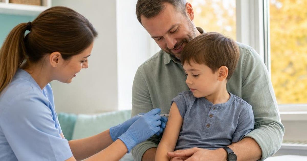 Pediatric nurse giving a flu shot to a calm young boy sitting on his father's lap