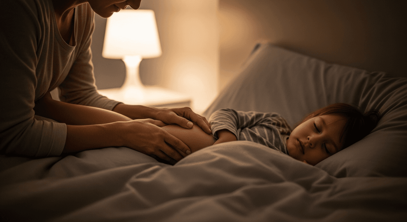 Parent gently massaging a young child's leg at bedtime