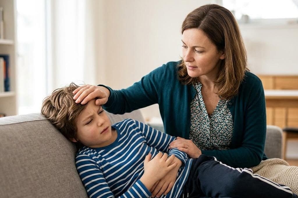 Child holding stomach in discomfort while parent looks concerned