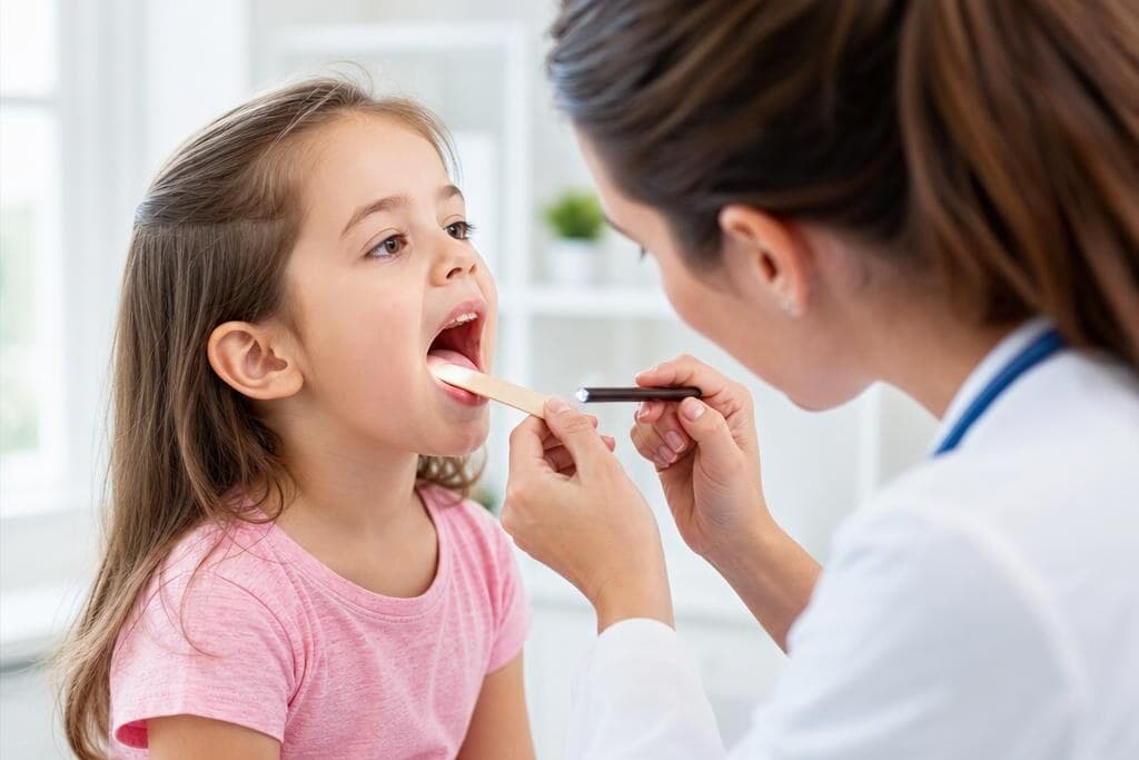 Pediatrician examining a child's throat with a tongue depressor