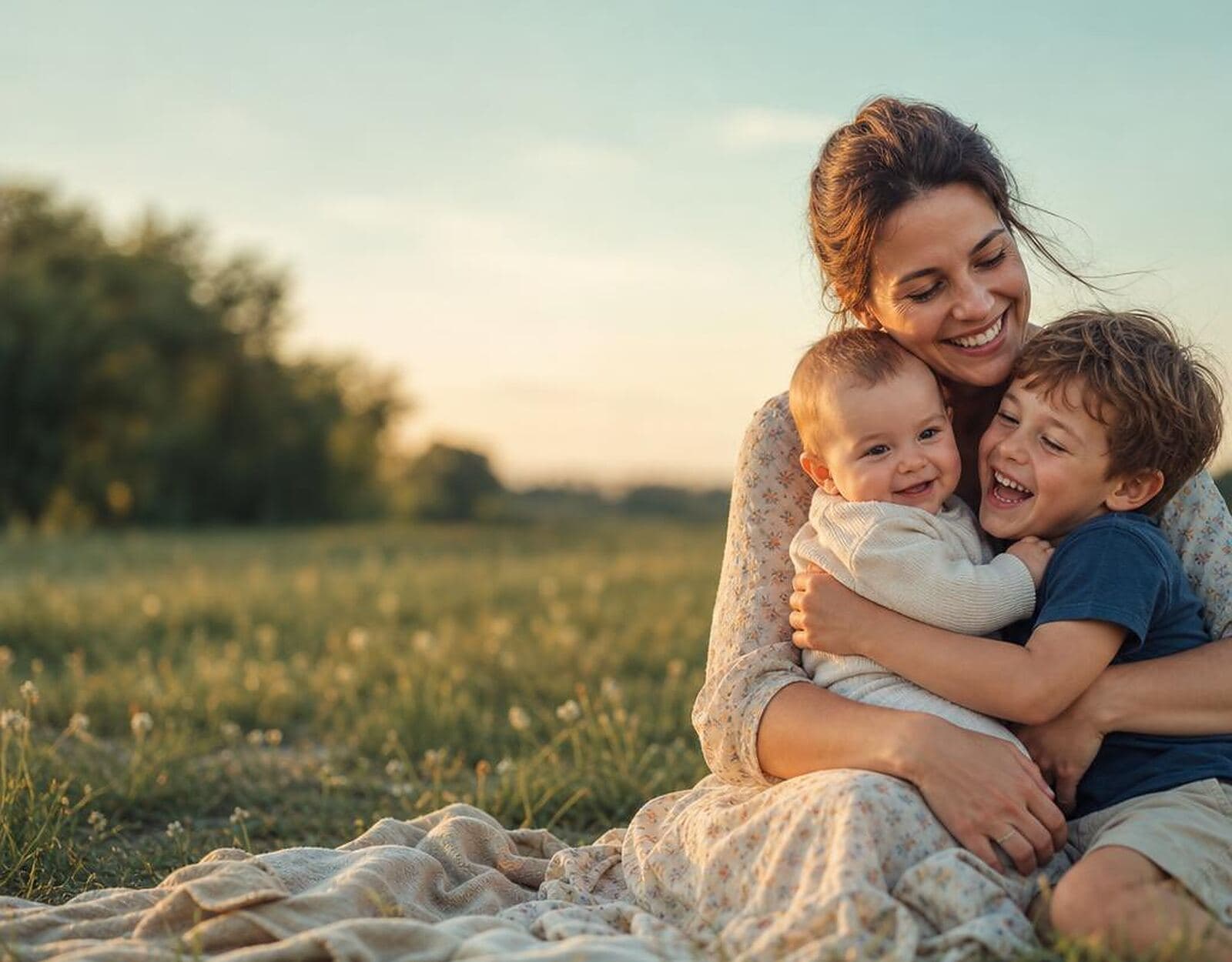 Smiling mother hugging her baby and young son outdoors - Hummingbird Pediatrics, trusted Robbinsville NJ pediatrician serving families in Hamilton, Princeton, and surrounding areas